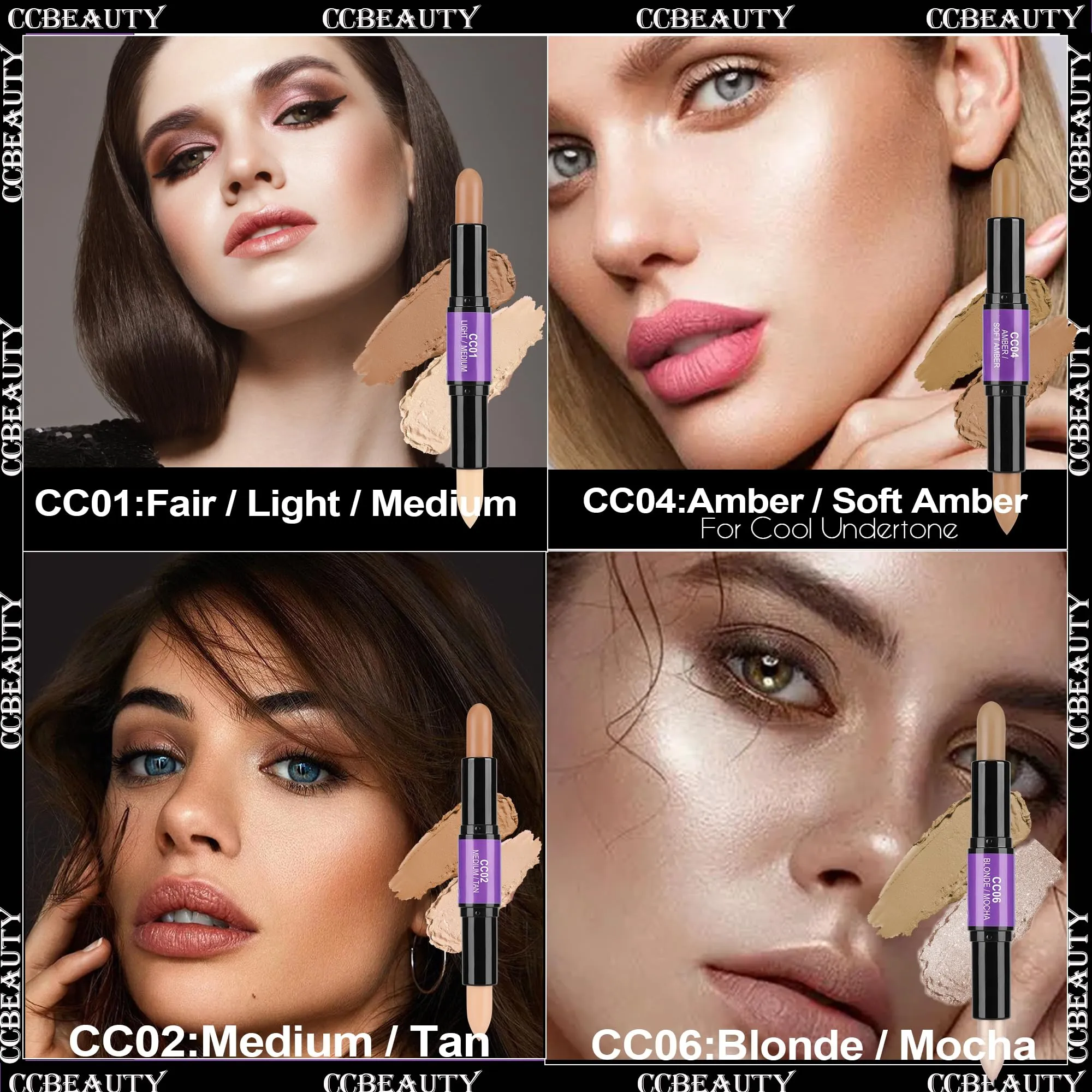 CCbeauty 2pcs 2-IN-1 Matte Contour Highlighter Stick with Blush,Cream Dual-End Highlight Bronzer Concealer & Blusher for Cheeks & Lip, Long Lasting Contouring for Face Shaping Makeup, Light-Medium